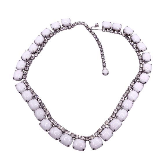 Delicate Vintage Milk Glass and Rhinestones Necklace 16” - Picture 2 of 5